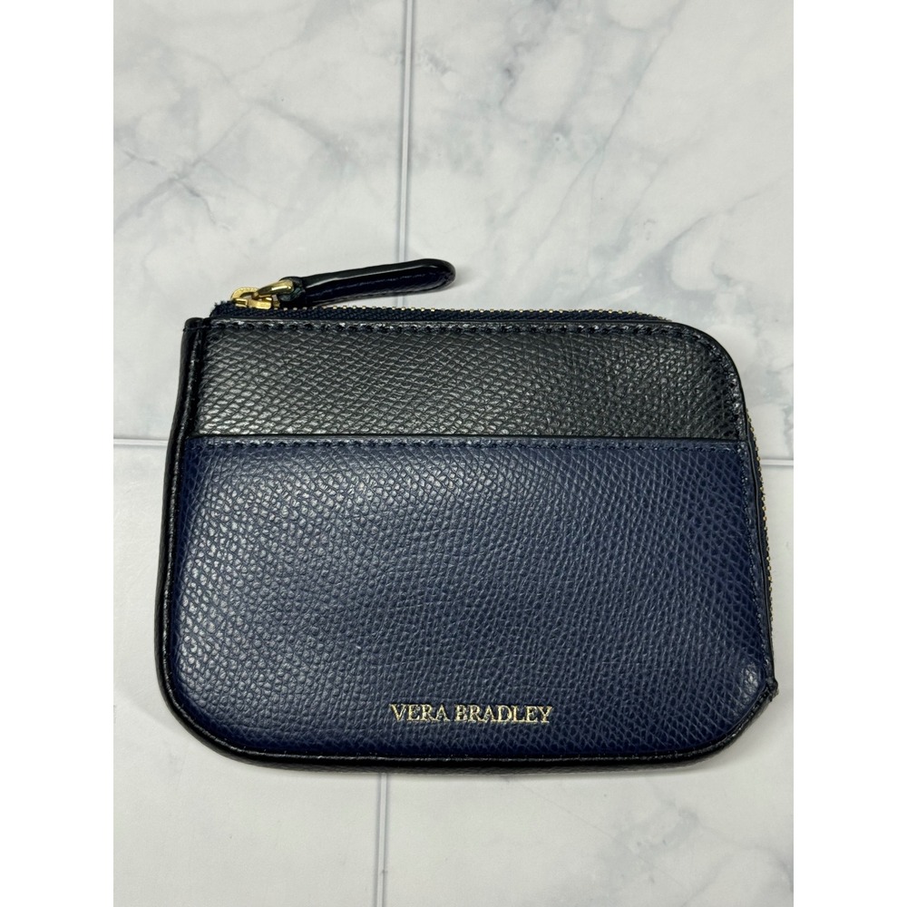Vera Bradley Navy Blue Black Leather Coin Purse Card Case Wallet EUC